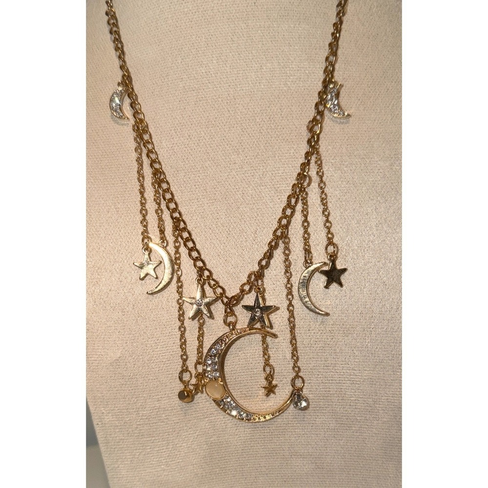 Gold Celestial Moon Star Necklace Rhinestone Crescent Moon Charm Necklace 16-18"